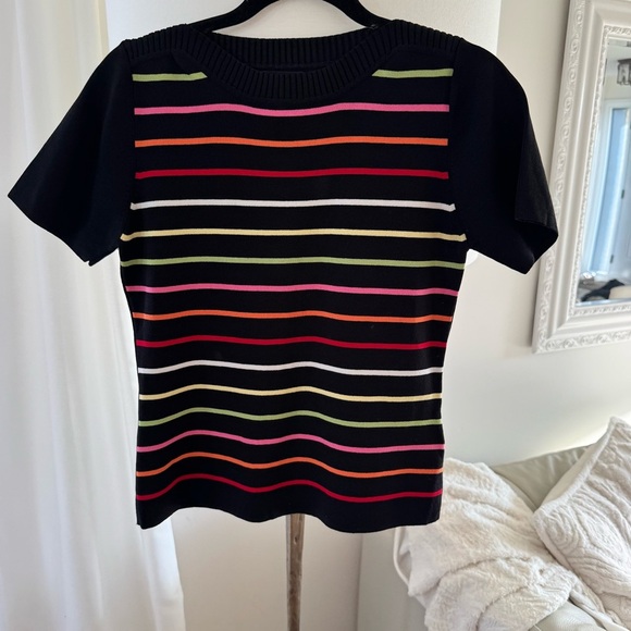 Vintage petite Lindor Black and Pink Striped Sweater Short sleeve - Picture 1 of 7